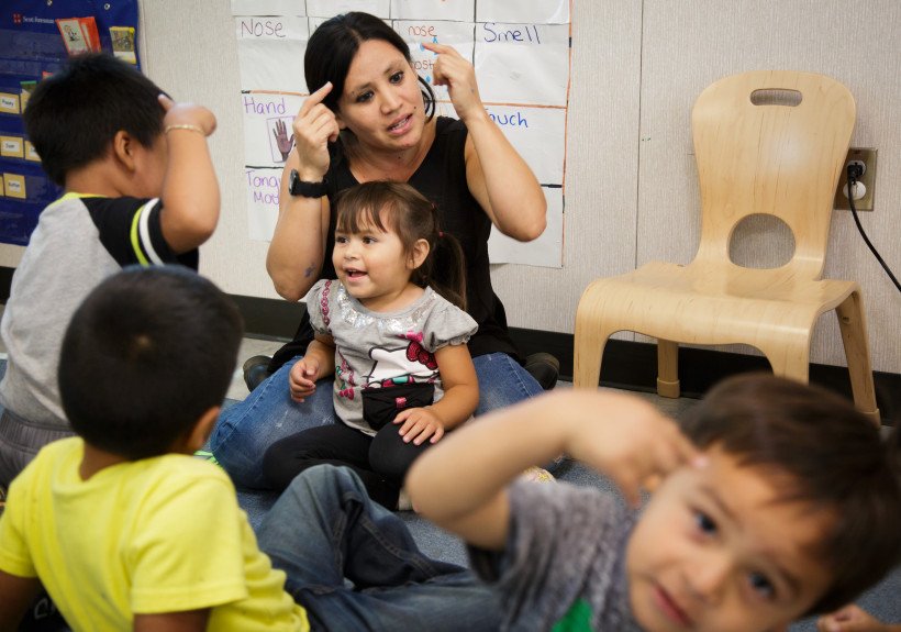 State preschool teacher Gabriela Hildenbrand teaches her preschool class for 3 to 5 year olds on Sept. 6, 2016 at Educare California at Silicon Valley in San Jose, Calif. (Dai Sugano/Bay Area News Group)